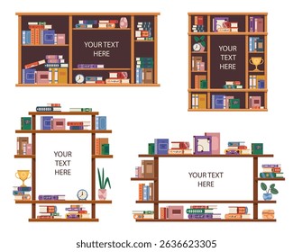 Set of bookshelf mockup. Vector bookcase with slogan or literature quote, reading message. School or college, university study background. Bookstore or bookshop promotion sign. Information, message.
