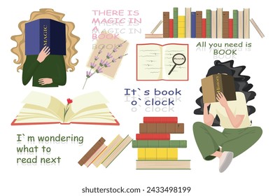 Set of bookshelf,colorful stack of books,love reading concept in cartoon style.Vector illustration of girls reading books, inscriptions:there is magic in a book,all you need is book,it's book o'clock.