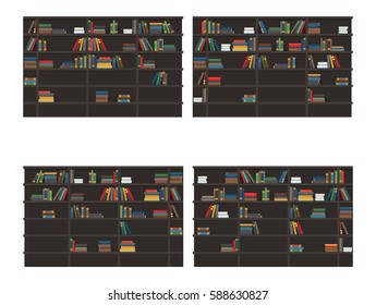 Set of bookshelves filled with books. Classic bookcases with stacks and rows colorful books flat vector isolated on white background. Home library illustration for educational concepts design