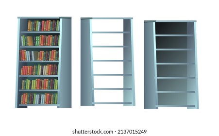 Set of bookshelves for library and study. Different books. Modern minimalistic furniture design. Cartoon style. Object isolated on white background. Vector.