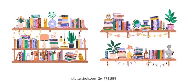 Conjunto de estantes com vários livros e decoração de casa. Coleção de bibliotecas com literatura educacional, romances, enciclopédias. Ilustrações isoladas em branco para o Dia Mundial do Livro ou de Volta à Escola.