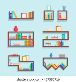 Set of bookshelves. Vector flat illustration. Books on wooden bookshelf. Addition to the interior