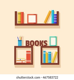 Conjunto de estanterías. Ilustración plana de Vector. Libros en estantería de madera. Adición al interior
