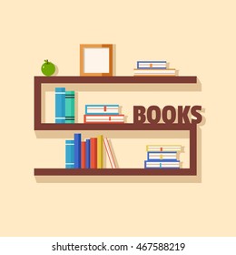 Set of bookshelves. Vector flat illustration. Books on wooden bookshelf. Addition to the interior