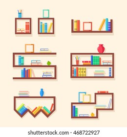 Set of bookshelves. Vector flat illustration. Books on wooden bookshelf. Addition to the interior