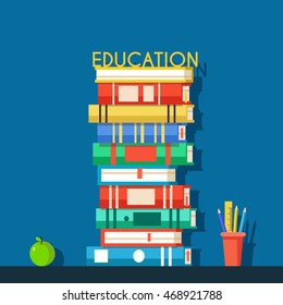 Set of bookshelves. Vector flat illustration. Books on wooden bookshelf. Addition to the interior