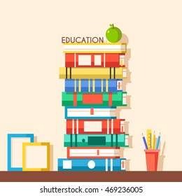 Set of bookshelves. Vector flat illustration. Books on wooden bookshelf. Addition to the interior
