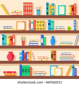 Set of bookshelves. Vector flat illustration. Books on wooden bookshelf. Addition to the interior. Education