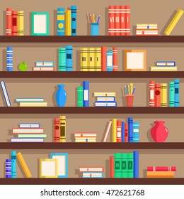 Set of bookshelves. Vector flat illustration. Books on wooden bookshelf. Addition to the interior. Education