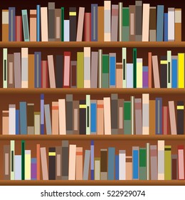 Juego de estanterías. Ilustración plana vectorial. Libros en una estantería de madera.