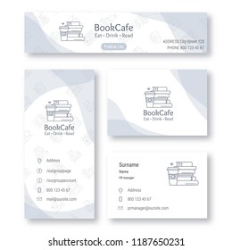 Set of bookstore and cafe visual identity items, logo element included. Business card, social media banner, flyer. Vector illustration. Flat line style.