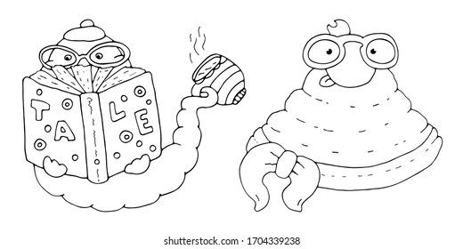 Set of bookworms with glasses. Love of reading books. Coloring page. Vector hand drawn illustrations. Black and white isolated on white background. Book day art. Doodle cute fairy tale characters.