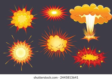 Set of boom in flat cartoon design. A collection of bright flashes that occur during an explosion in an incredible style. Vector illustration.