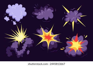 Conjunto de boom en diseño plano de dibujos animados. Una serie de nubes de humo se formaron en el momento previo a la explosión en un estilo increíble. Ilustración vectorial.