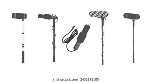 Set of Boom Mic Vector Icons with Mic Stand and Shotgun Mic suitable for Film Making, Broadcasting, Multimedia, Audio Production. Editable Stroke.