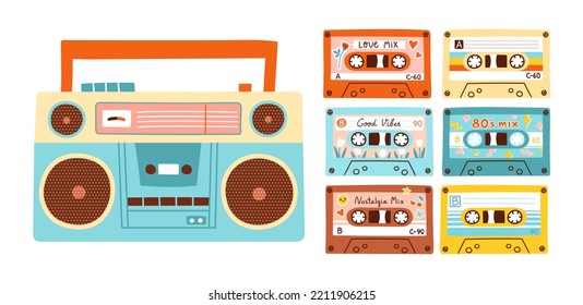 Set of boombox and cassette tapes in colorful retro style. Vector illustration of vintage music player and nostalgia mixtapes. Isolated elements on white background.