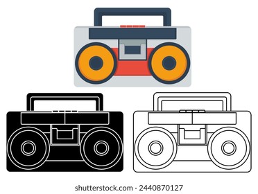 Set Boombox radio icon. Musical tape player recorder symbol vector flat design illustration