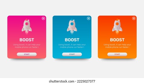 Set of Boost notification pop up banners with rockets. Professional web design, mobile ui elements. User-friendly design materials. Vector EPS 10