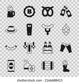 Set Boot beer glass, Glass of, Hop, Pretzel, Bottle opener, Oktoberfest hat, Wooden mug and Sausage on the fork icon. Vector