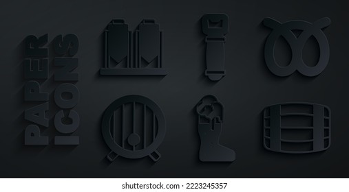 Set Boot beer glass, Pretzel, Wooden barrel, Bottle opener and Beer brewing process icon. Vector