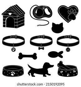 set of booth, bowl, collar and leash for dog and cat, isolated vector illustration icons