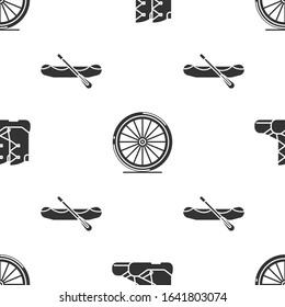 Set Boots, Bicycle wheel and Rafting boat on seamless pattern. Vector