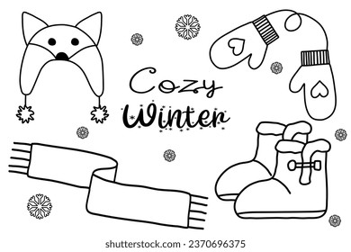 Set of boots, cute hat, scarf and mittens, warm winter accessory, doodle style flat vector outline