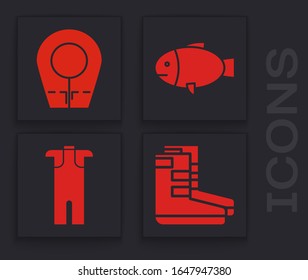 Set Boots, Diving hood, Fish and Wetsuit for scuba diving icon. Vector