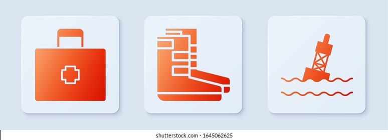 Set Boots, kit de primeros auxilios y boya flotante en el mar. Botón cuadrado blanco. Vector