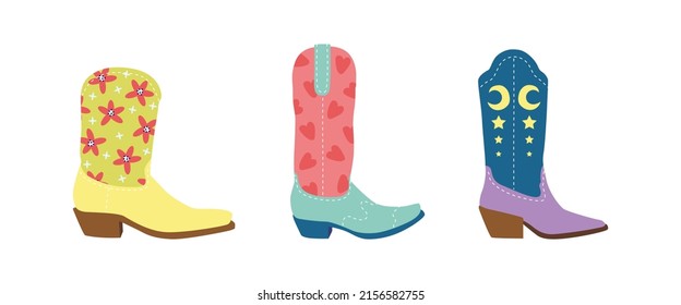 Set of сartoon сowgirl boots with flower, heart, star ornaments. Wild West fashion style. Cowboy western, wild west concept. Hand drawn colored flat vector illustration. All elements are insolated