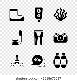 Set Boots, Gauge scale, Coral, Floating buoy, Flippers for swimming, Aqualung, Snorkel and Wetsuit scuba diving icon. Vector