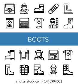 Set of boots icons such as Thermo bag, Gardening, Gardener, Snow boots, Baby clothes, Snowboard, Snowboarder, Boots, Clothes line, Anorak, Cowgirl ,