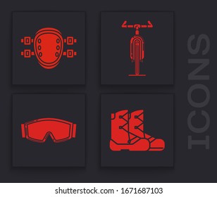 Set Boots, Knee pads, Bicycle and Ski goggles icon. Vector