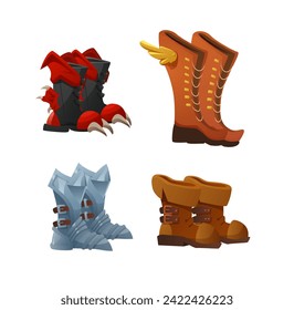 Set of boots metal or leather decorated with buckles, wings, claws. Protective shoes vintage ancient style for knight or warrior. Cartoon retro military footwear game assets vector isolated