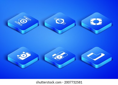 Set Boots, Photo camera for diver, Diving watch and Lifebuoy icon. Vector