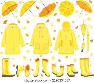 set of boots, raincoats, umbrellas, autumn in flat style, isolated, vector