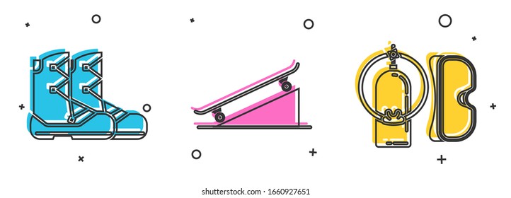 Set Boots, Skateboard on street ramp and Diving mask and aqualung icon. Vector