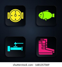 Set Boots, Wind rose, Industry metallic pipes and valve and Fish. Black square button. Vector