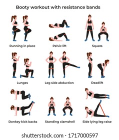 Set Booty or glutes workout with resistance bands. Stay home and do workout. Flat vector cartoon modern illustration.