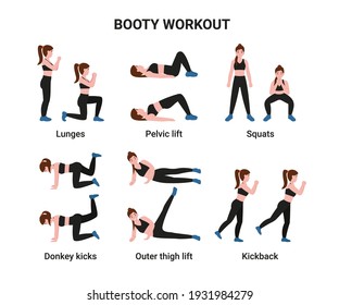 Set Booty Or Glutes Workout Without Equipment. Stay Home And Do Sport. Flat Cartoon Modern Illustration.