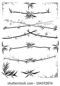 Set of border and corner asymmetric decoration from bamboo in the Asian style drawn by ink.