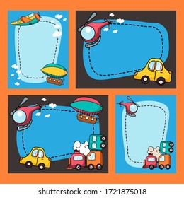 set of border designs with cartoon toy transports illustration. kids toys for boys. colorful train, plane, aerostat, car, helicopter and steam locomotive