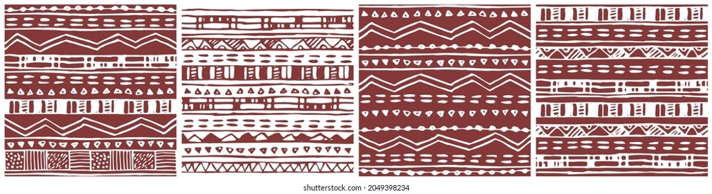 Set of border hand drawn seamless patterns, backgrounds with abstract elements: lines, dots, triangles. Vector white red fall winter Merry Christmas and Happy New Year colors