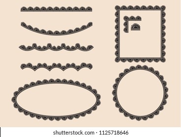 Set of border lace vector by hand drawing.Beautiful line lace on brown background.Rose lace art highly detailed in line art style.Black lace vintage for decoration.