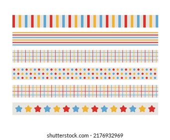 Ränder mit bunten Streifen, Schecks, Punkten und Sternen Mustergrafik.