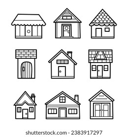 Set of border outline house front view, on white background, black bold lines, flat isolated icons, vector illustration.
