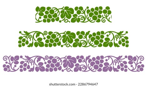 Set of border with patterns of vine, ripe grape and leaves. Seamless pattern, decoration and ornament with corner elements. Vector illustration