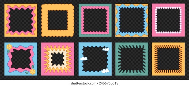 Set of border square frames with groovy elements. Text boxes on transparent background as a png. Cute and fun. Wavy line and clouds. Trendy template design. 