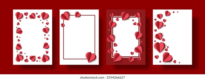 Set Border Template with Paper Cut Heart. Happy Valentine's Day, Mother's, Women's Day. Vector Illustration. Modern Love Card, Banner for Party, Menu, Invitation, Birthday, Sale, Social Media, Web.