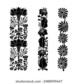 Set of borders, black symmetry flower composition isolated on white 